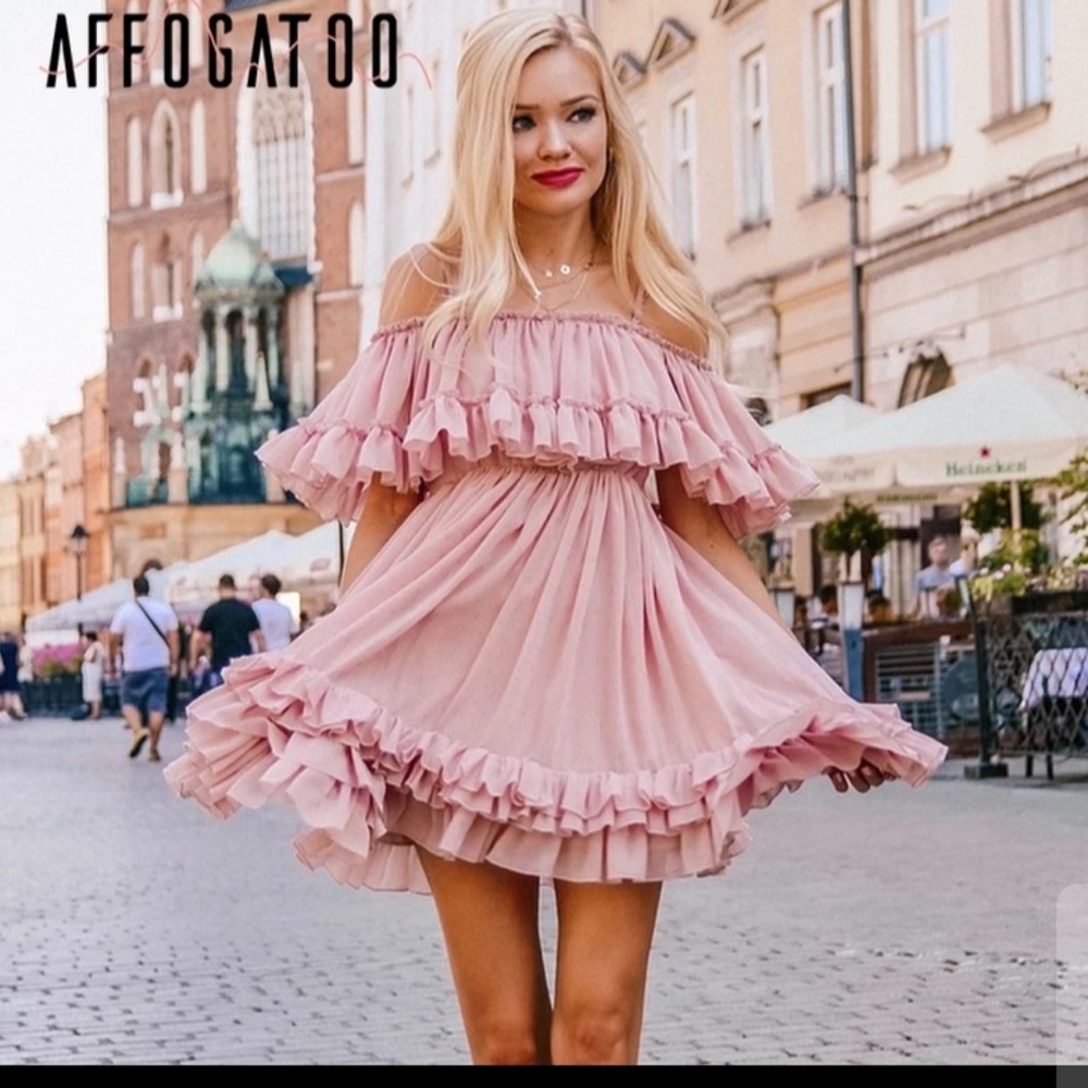 Affogatoo Elegant ruffle off shoulder strap summer